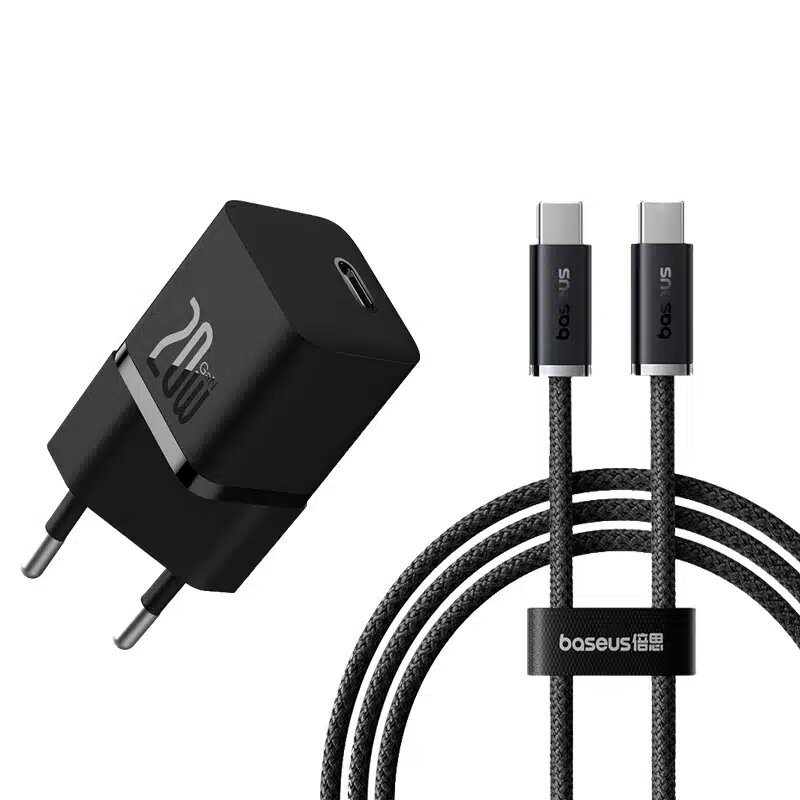 Baseus GaN5 Fast Charger(mini) 1C 20W EU Cluster Black(With: Baseus Dynamic 3 Series Fast Charging Data Cable Type-C to Type-C 100W 1m Cluster Black)