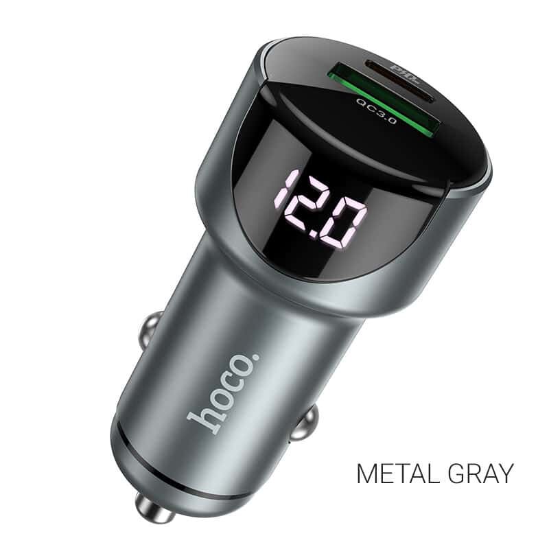 Hoco Z42 Light road dual port digital display PD20W+QC3.0 car charger space gray