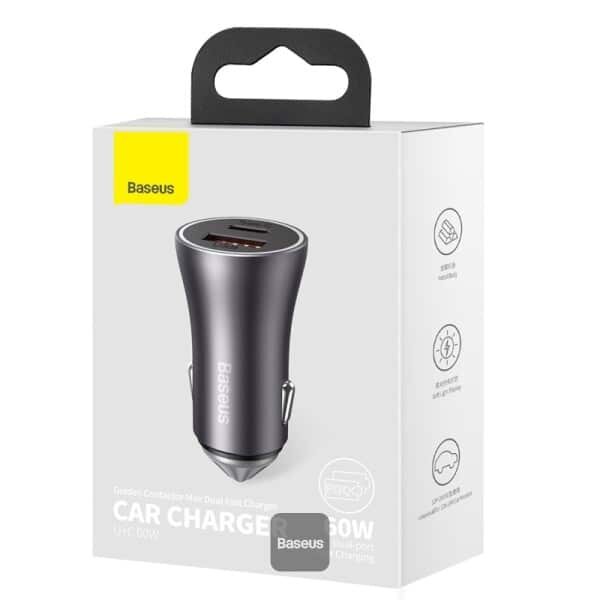 Baseus Golden Contactor Max Dual Fast Charger Car Charger U+U 60W Dark Gray