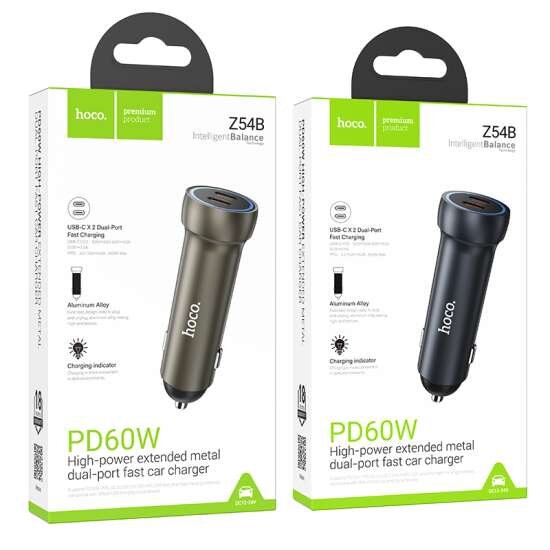 Hoco Z54B Prosperous PD60W(2C) car charger Metal grey