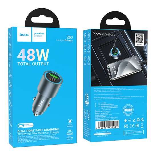 Hoco Z60 Bloom 48W dual-port PD30W+QC3.0 multi-protocol car charger metal gray