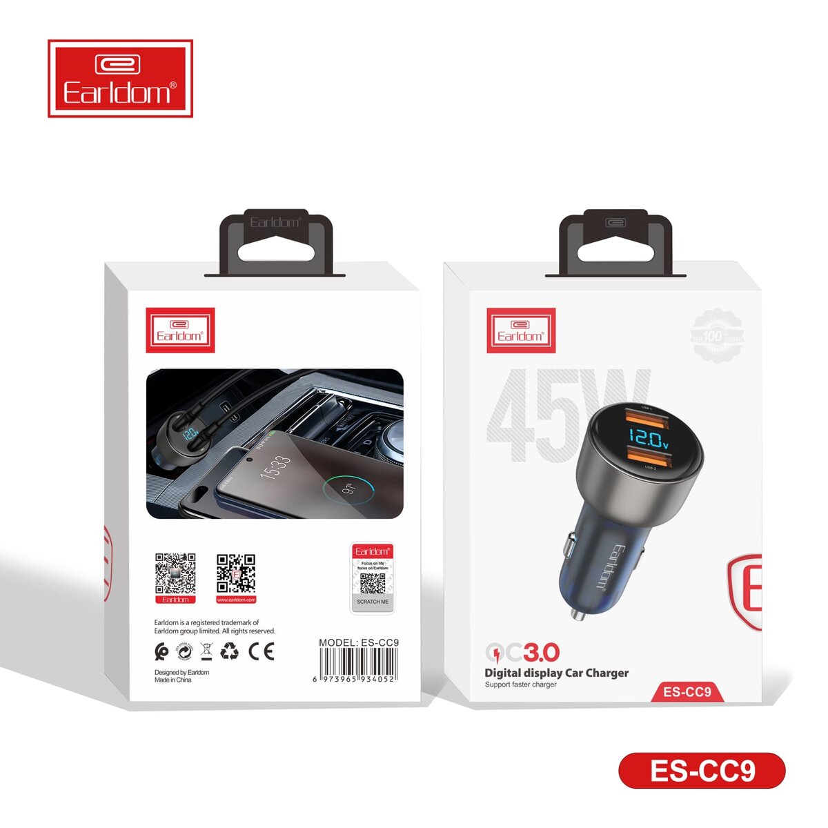 Earldom 45W Adapter Digital Display Car Charger QC3.0 ES-CC9