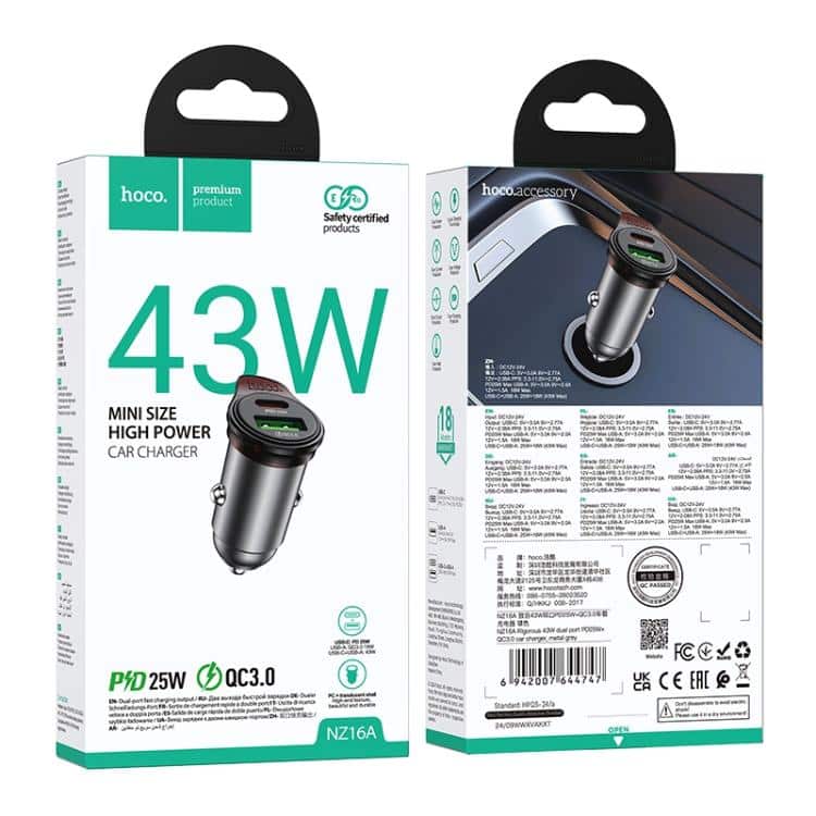 Hoco NZ16A Rigorous 43W dual port PD25W+QC3.0 car charger metal grey