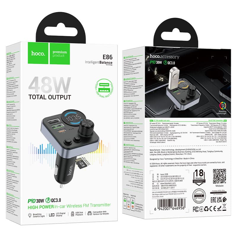 Hoco E86 Alegria 48W dual port PD30W+QC3.0 car BT FM transmitter